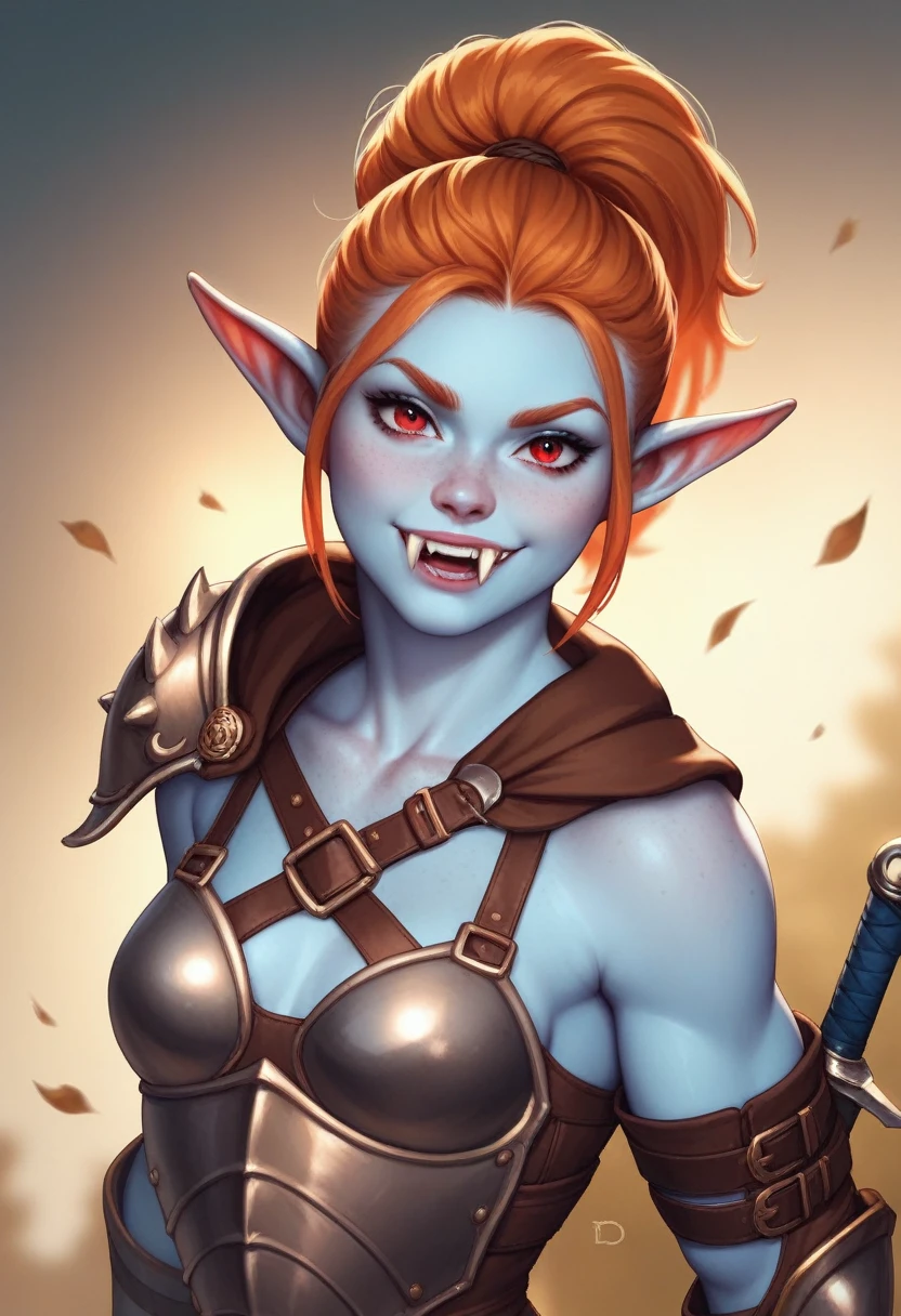 A adult woman, azure-blue skin, pixie-sharp ears, and a large body athletic build. Prominent large fangs and piercing red eyes complete her striking appearance. Her long ginger hair is pulled back in a ponytail. She is dressed in the closed strong leather armor of a medieval fantasy adventurer with no exposed body parts and many bags and knife scabbards.