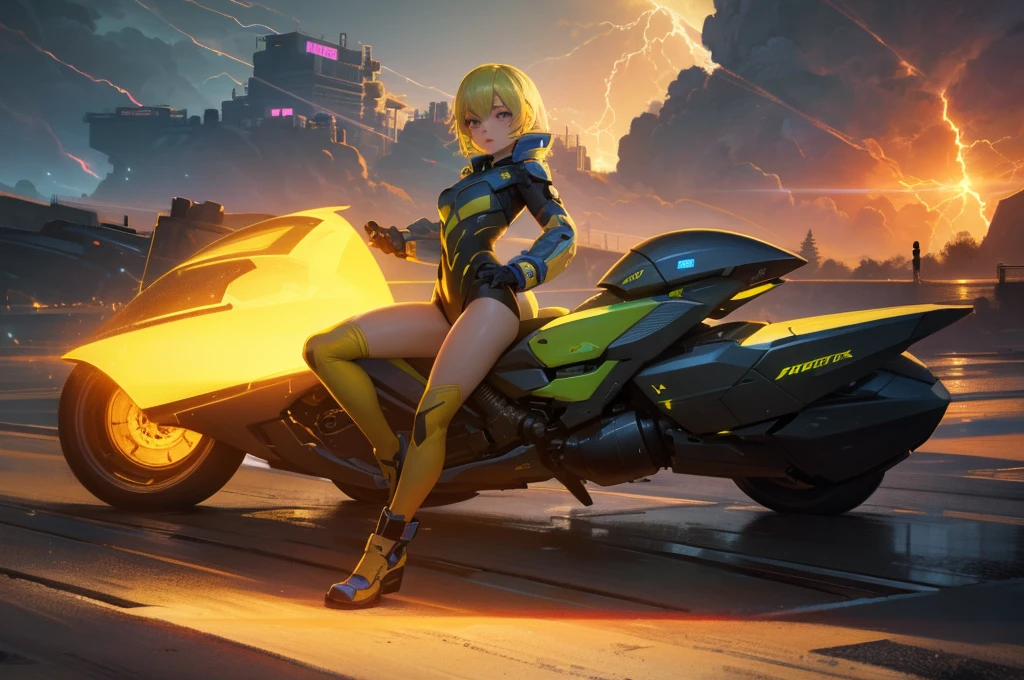 A beautiful young girl with yellow hair, a tight lightning-themed suit, and small breasts, wielding alien thunder weapons in a thunderstorm backdrop, (best quality,4k,8k,highres,masterpiece:1.2),ultra-detailed,(realistic,photorealistic,photo-realistic:1.37),extremely detailed eyes and face,beautiful detailed lips,longeyelashes,lightning effects,dynamic pose,dramatic lighting,vibrant colors,sci-fi,concept art