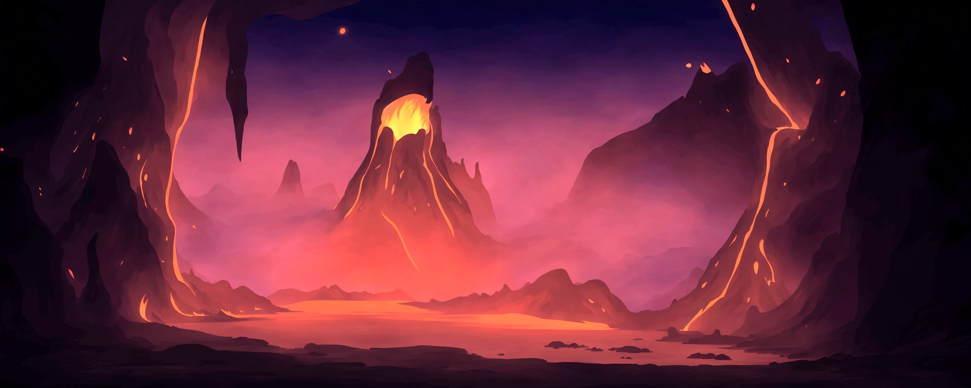 cartoon illustration of a lava cave with a fire in the middle, dark volcano background, volcano background, volcanic workshop background, firey environment, background artwork, 2 d game art background, volcano landscape, blazing fire and glowing lava, background art, background of a lava river, mobile game background, volcanic background, 2d game background, magma and lava