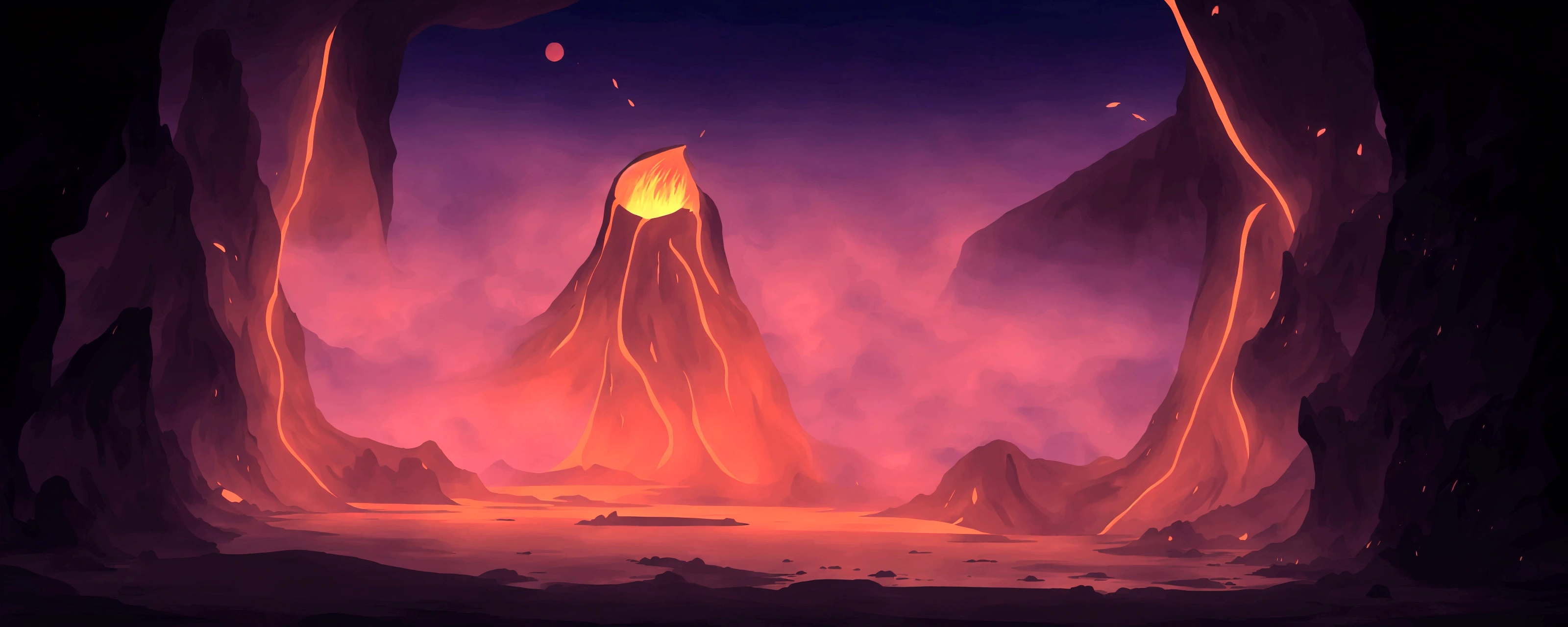 cartoon illustration of a lava cave with a fire in the middle, dark volcano background, volcano background, volcanic workshop background, firey environment, background artwork, 2 d game art background, volcano landscape, blazing fire and glowing lava, background art, background of a lava river, mobile game background, volcanic background, 2d game background, magma and lava