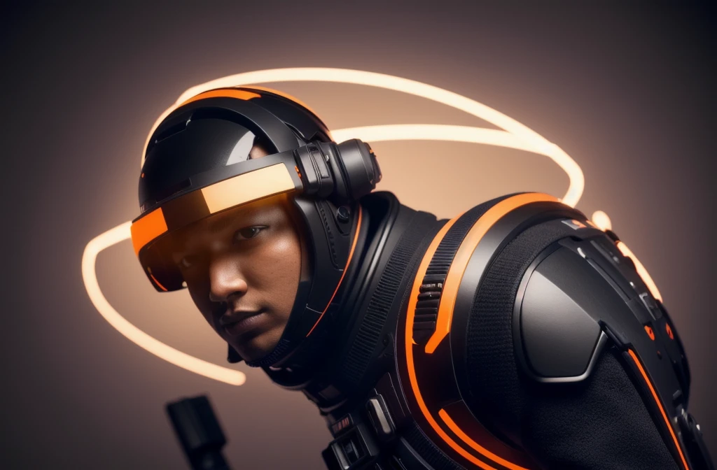(whole body, (dynamic pose), action pose), (rim lighting, studio lighting, distant moon light, natta, blossom), (cinematic, best qualityer, work of art, ultra HD textures, highy detailed, hyperrealisti, intricate-detail, 8K, photorrealistic, conceptual artwork, mattepainting, autodesk maia, vray rendering, ray tracing, hdr), (dslr, full frame, 16mm focal length, f/8 opening, Dynamic perspective, dynamic angle, golden ratio, wide photography, wide field of view, deep depth of field, Zoom out) technological clothing, urbansamurai 3d, realistic cyborg in a cyber helmet head with neon orange and black colors