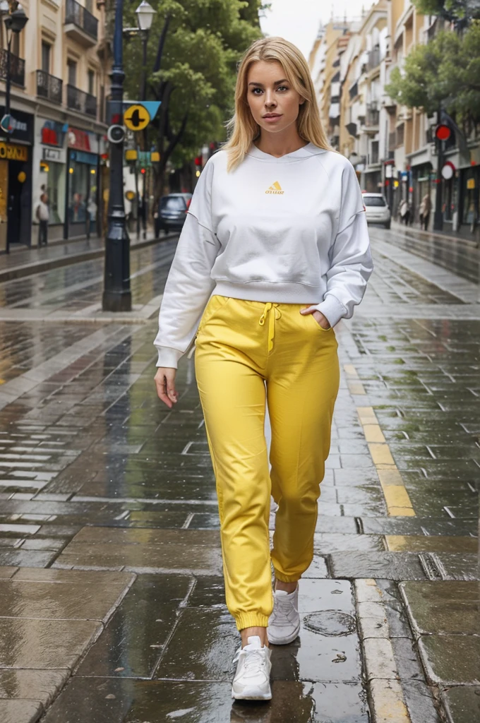 1 blonde woman of 30 years, wide, looking at the viewer, blue eyes, realist, Walking through Madrid, rainy day, dressed in a yellow sweatshirt, red pants and white sneakers