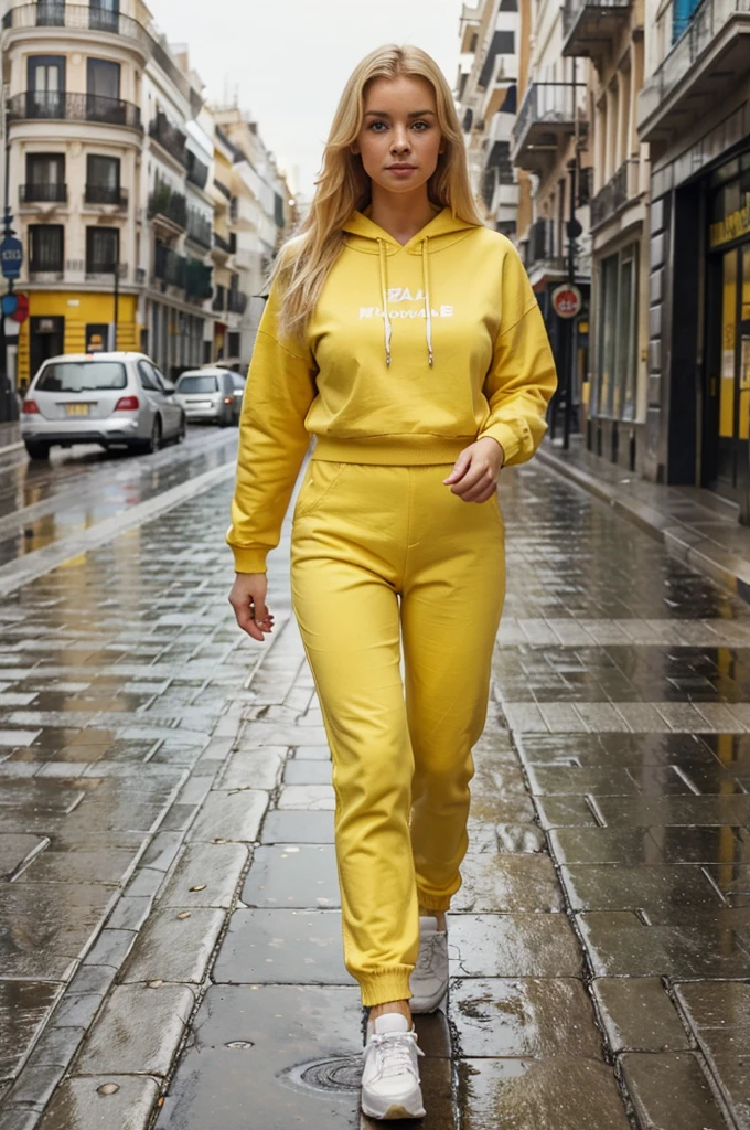 1 blonde woman of 30 years, wide, looking at the viewer, blue eyes, realist, Walking through Madrid, rainy day, dressed in a yellow sweatshirt, red pants and white sneakers