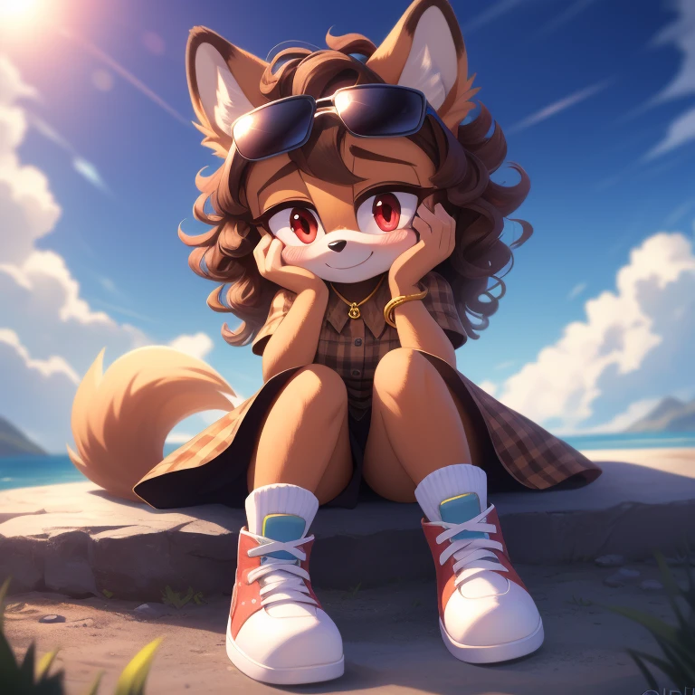 mobian, solo, hedgehog, two-tone fur ((orange fur, brown fur)), twill shirt dress, high-top sneakers, small breasts, two-tone hair (brown hair, black tip)), curly hair, halo, sunglasses, jewelry, red eyes, longeyelashes, red eyes, smile, shy, blush, pose, high detail, masterpiece, UHD, anatomically correct, super detail, highres, 4K