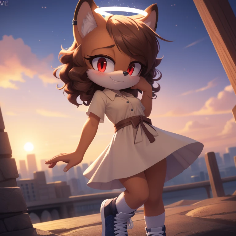 mobian, solo, hedgehog, two-tone fur ((orange fur, brown fur)), twill shirt dress, high-top sneakers, small breasts, two-tone hair (brown hair, black tip)), curly hair, halo, sunglasses, jewelry, red eyes, longeyelashes, red eyes, smile, shy, blush, pose, high detail, masterpiece, UHD, anatomically correct, super detail, highres, 4K