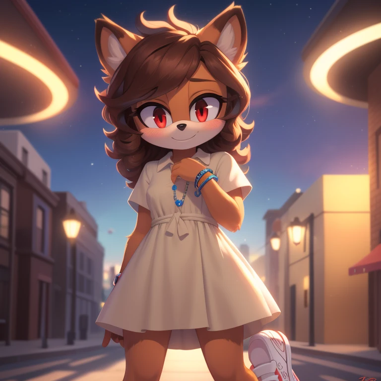 mobian, solo, hedgehog, two-tone fur ((orange fur, brown fur)), block lace patchwork v-neck mini dress bohemia, high-top sneakers, small breasts, two-tone hair (brown hair, black tip)), curly hair, halo, sunglasses, jewelry, red eyes, longeyelashes, red eyes, smile, shy, blush, pose, high detail, masterpiece, UHD, anatomically correct, super detail, highres, 4K