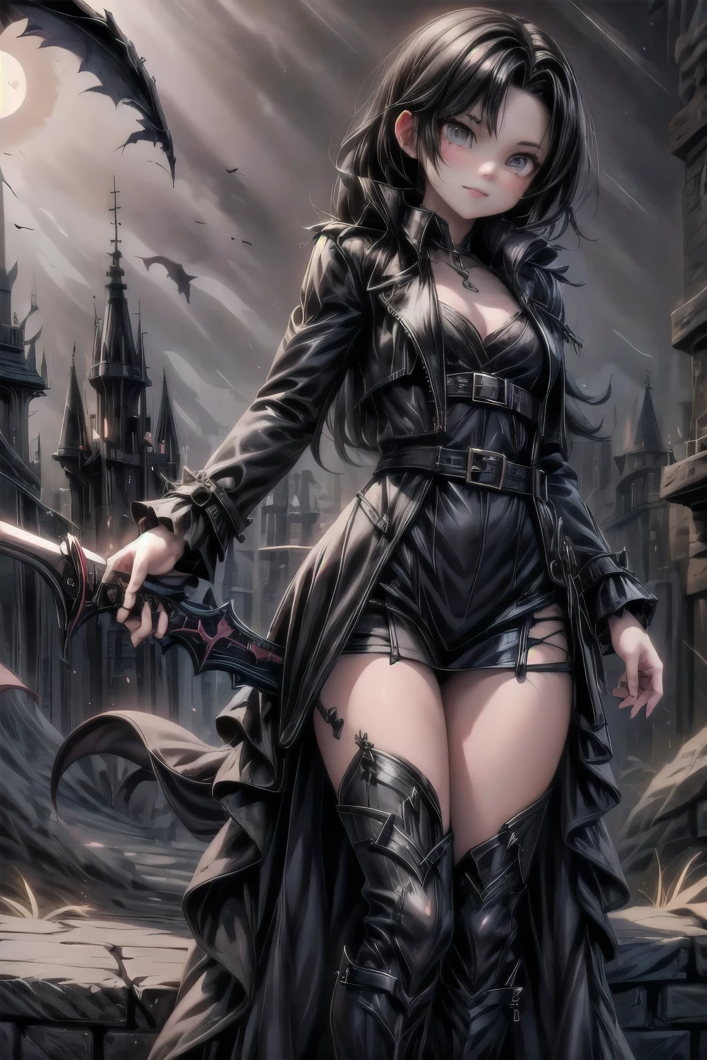 a vampire hunter girl wearing a Black Trench Coat, dark castle at night, castlevania art style, 