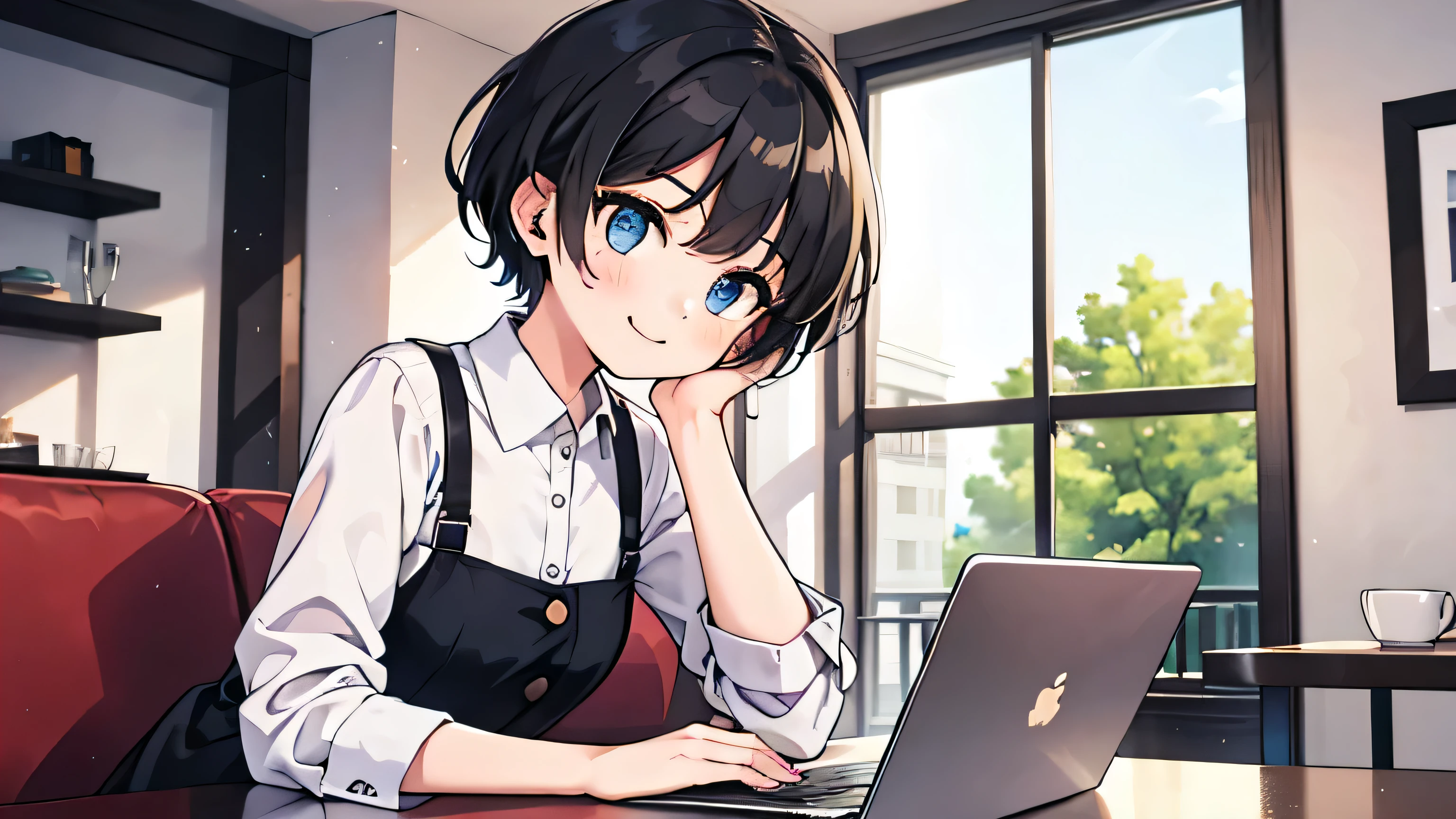 1girl, solo, blue eyes, (detailed eyes), flat chest, short hair, black hair, upper body, gentle smile on her face, wearing a white dress shirt, sitting up straight((masterpiece, illustration, best quality)) A woman operating a laptop in a stylish cafe、28 years old、adult atmosphere、Close-up, has a cup of coffee right beside her and is wearing headphones