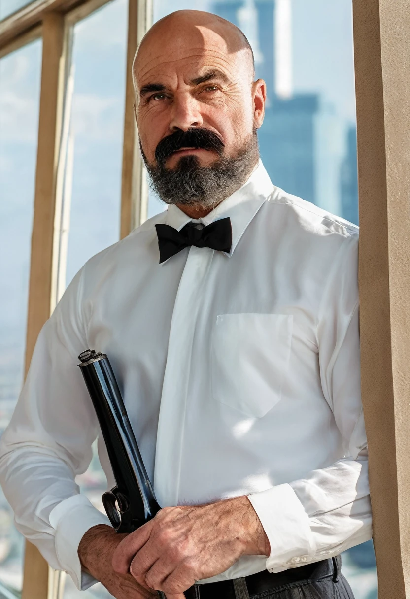 A 50-year-old French man, he is bald on the top of his head, but has (((short hair on the side of his head))) that he combines with his beard and black mustaches, (((a thin face and a large chin and very thick eyebrows))). He has a very strong body. He is wearing a long-sleeved white dress shirt and a red bow tie, and light blue dress pants., In a fighting stance, holding a shotgun, he is near a glass window on a very high floor., Front view, Ultra Realistic Style, 10k