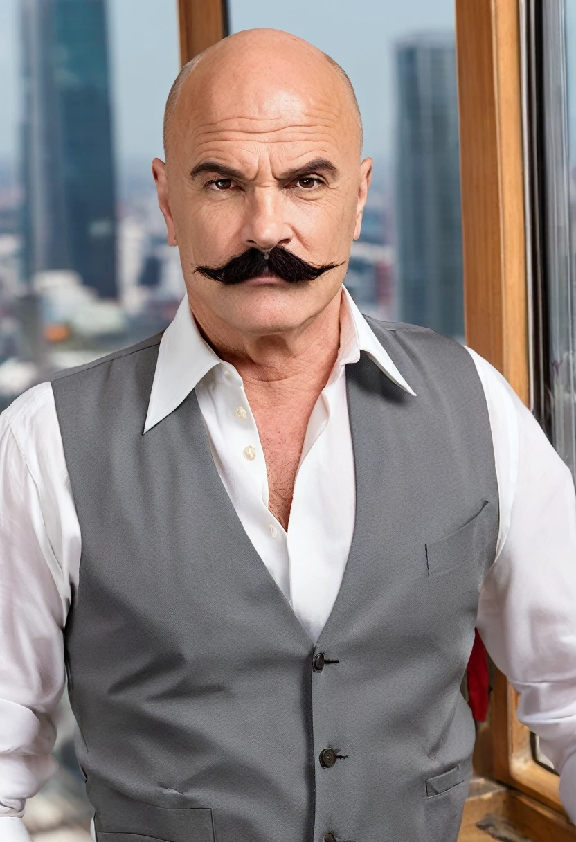 A 50-year-old French man, he is bald on the top of his head, but has (((short hair on the side of his head))) that he combines with his beard and black mustaches, (((a thin face and a large chin and very thick eyebrows))). He has a very strong body. He is wearing a long-sleeved white dress shirt and a red bow tie, and light blue dress pants., In a fighting stance, holding a shotgun, he is near a glass window on a very high floor., Front view, Ultra Realistic Style, 10k