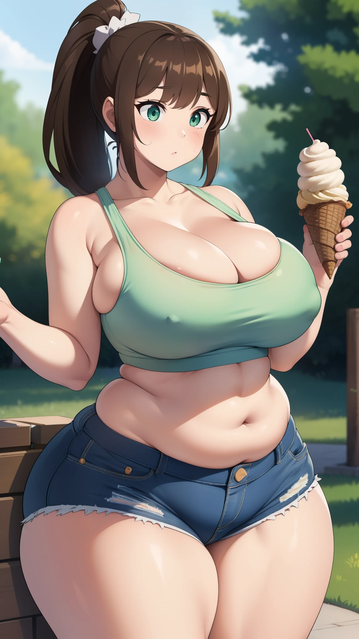 ((Masterpiece)), perfect ???????, perfect shading, field of depth, (best quality), extremely delicate and beautiful, perfect lighting, detailed face, ultra cute face, cute, (1girl), (solo),

short fluffy brown hair, ponytail, green eyes, ((blush)), embarrassed, looking at viewer, crop top, shorts, cleavage, ??????????????, ((thick thighs)), ((wide ????)), fat ???, chubby, 

intricate background, detailed background, park, standing, holding ice cream,
