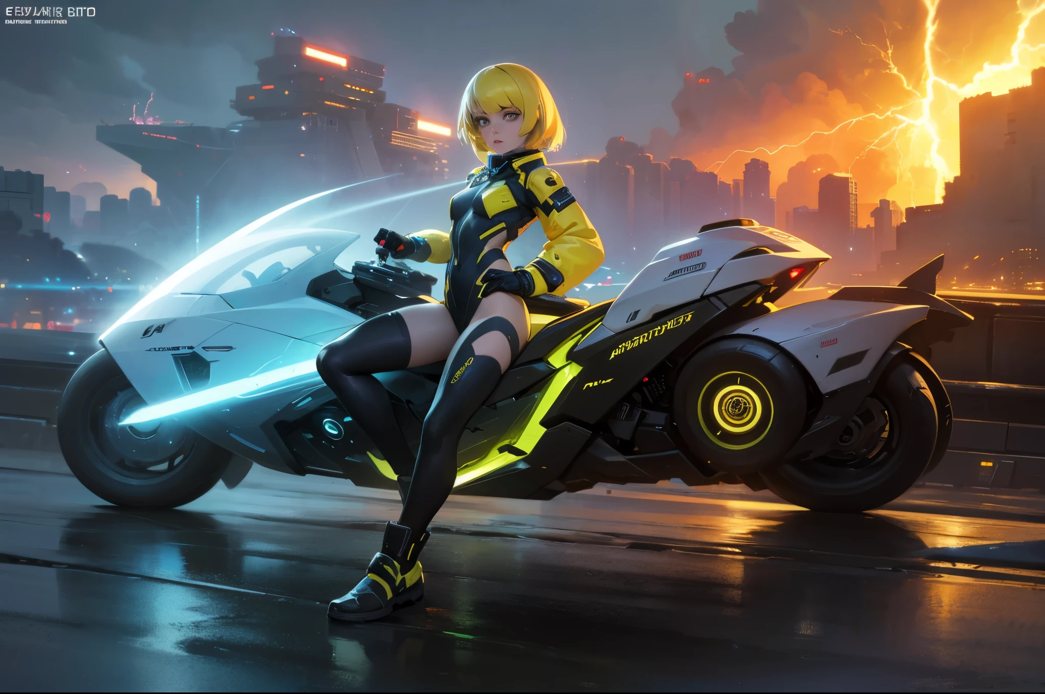 A beautiful young girl with yellow hair, a tight lightning-themed suit, and small breasts, wielding alien thunder weapons in a thunderstorm backdrop, (best quality,4k,8k,highres,masterpiece:1.2),ultra-detailed,(realistic,photorealistic,photo-realistic:1.37),extremely detailed eyes and face,beautiful detailed lips,longeyelashes,lightning effects,dynamic pose,dramatic lighting,vibrant colors,sci-fi,concept art