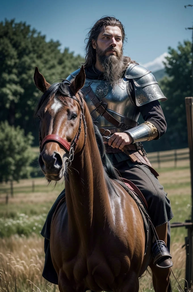 1 man from the medieval Germanic empire, athletic, best qualityer, fot, warrior, with beard, looking 45 years old, photo of your BROWN horse, sword and shield, in the background a battle, in a field at night, with dead and bleeding people, volumetric lighting, details Intricate, tone mapping, sharp focus, hyper detailled, trends on artstation, gazing at viewer, realisitic