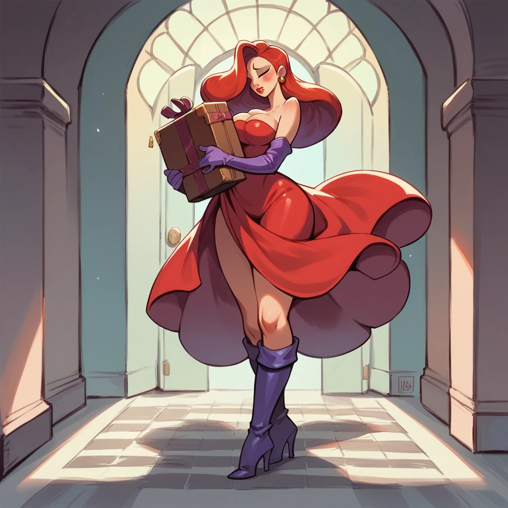 Jessica Rabbit is sad leaving a mansion. She carries some suitcases, She wears a red dress and long boots, she has big tits and a big ass, tomorrow