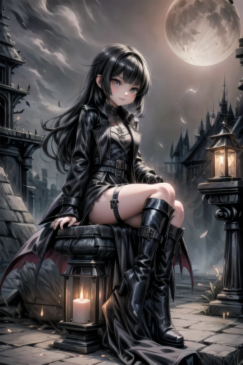 a vampire hunter girl wearing a Black Trench Coat, sitting on ruins, dark castle at night, castlevania art style, moon, lanterns and candles