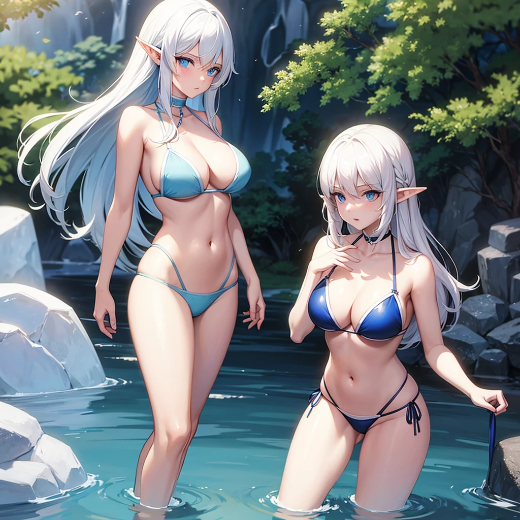 White haired elf with blue eyes in a blue bikini character in the foreground