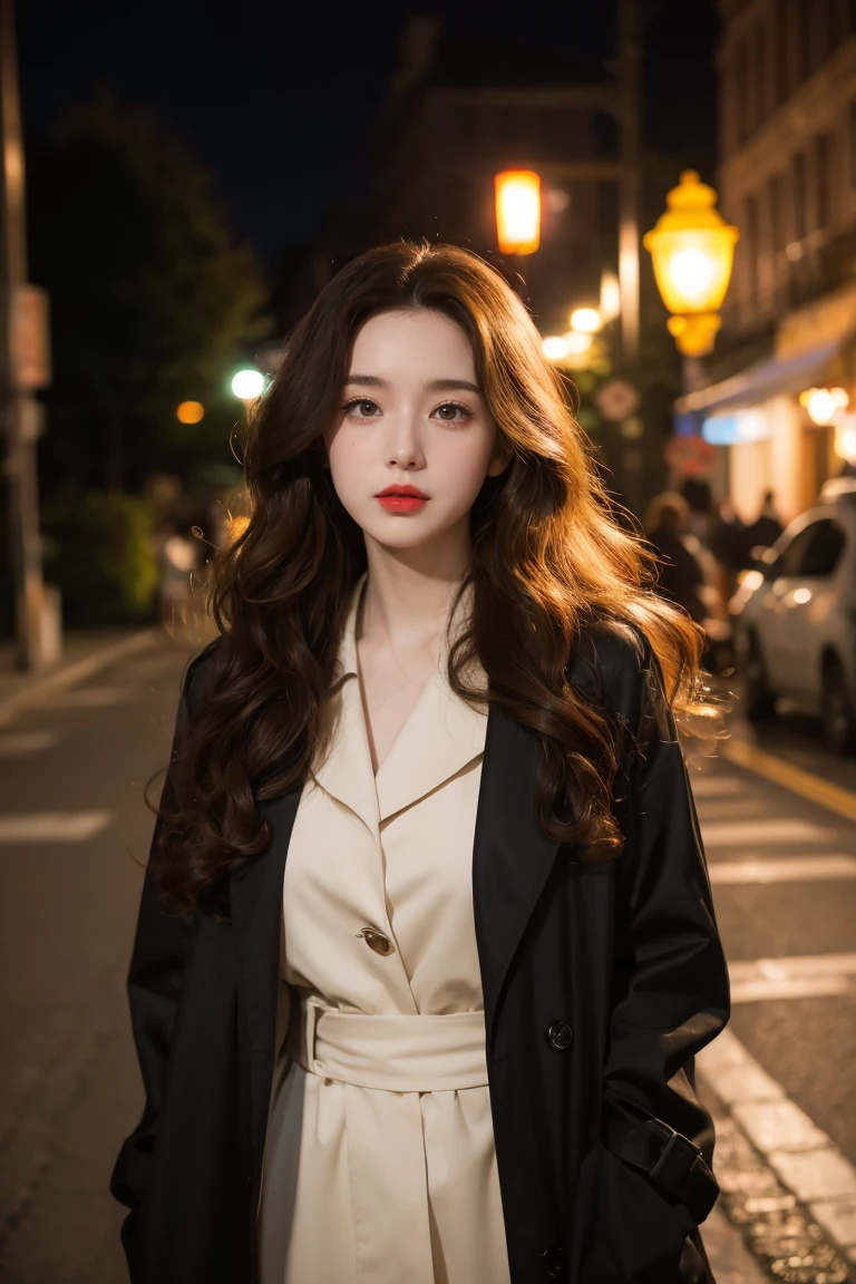 Ghibli-like colours, masterpiece, best quality, highres, high details, 4K, model_shot,1girl, solo, Red lips,long hair, Wavy curly brunette hair, pale skin,(Black trench coat:1.5), Depth of Field, (Street Lights), Fantastic lights