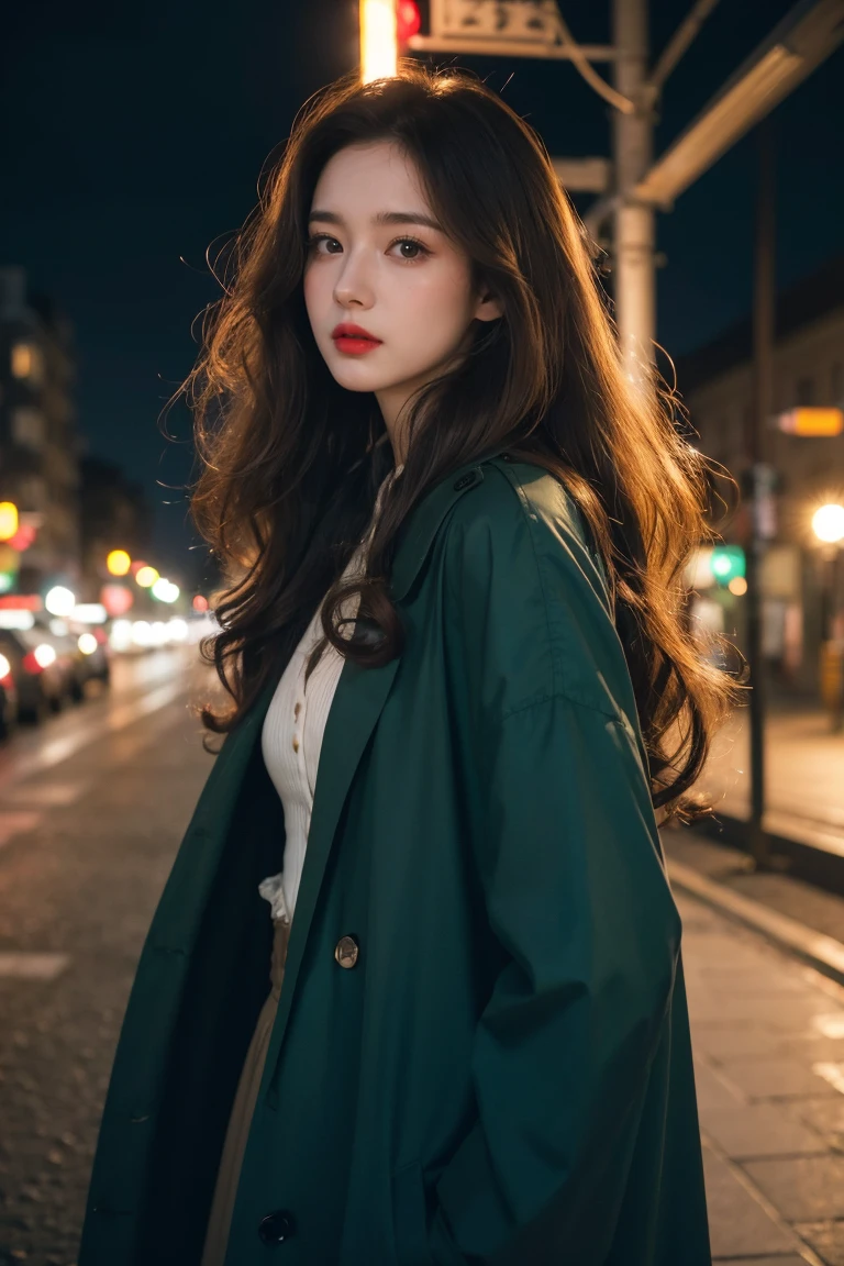 Ghibli-like colours, masterpiece, best quality, highres, high details, 4K, model_shot,1girl, solo, Red lips,long hair, Wavy curly brunette hair, pale skin,（Black trench coat:1.5）, Depth of Field, (Street Lights), Fantastic lights