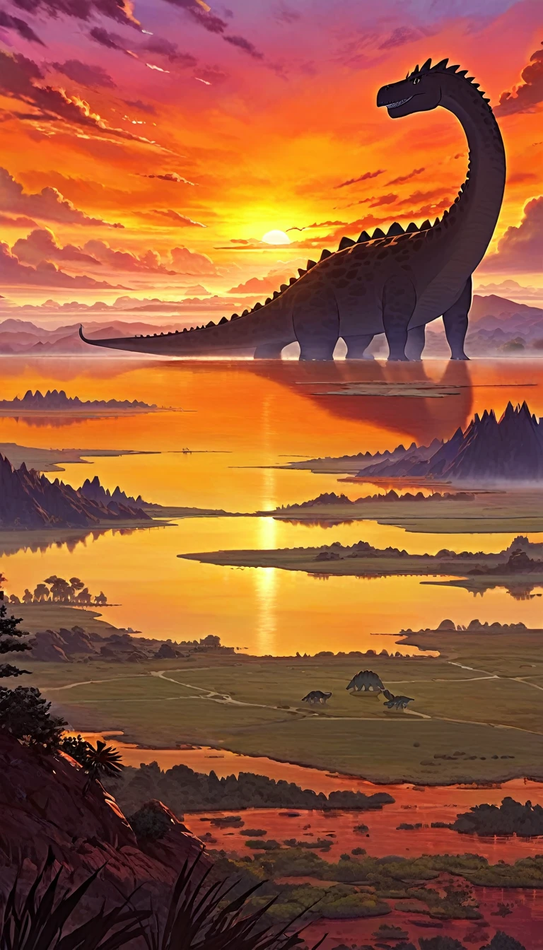 prehistoric world.1.5, great landscape, clouds, 1big dinosaur, colors, sunset, oil painted
