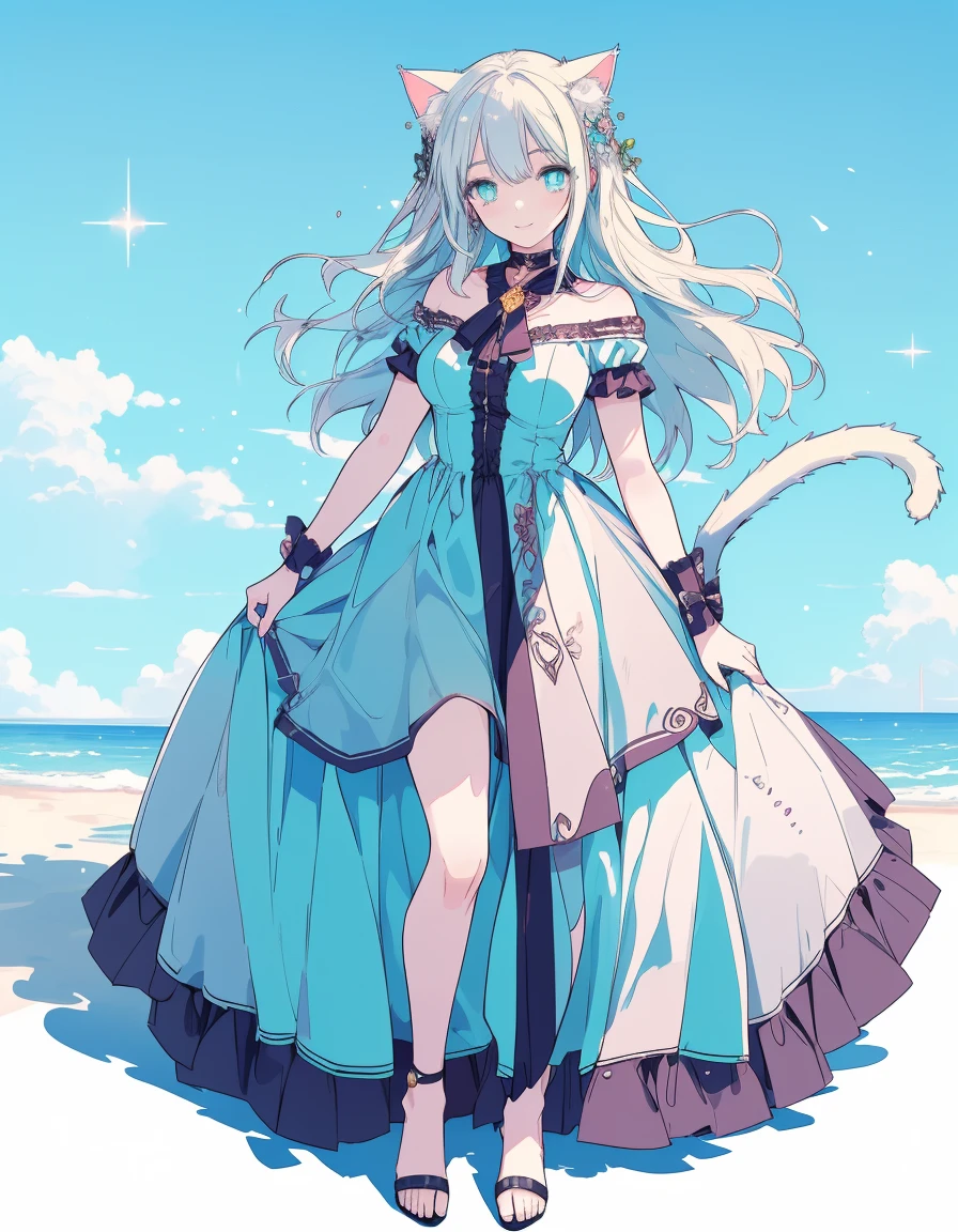 gal, smile, wink, closed eye, full body, ((masterpiece, best quality:1.5)), ((Beautiful detailed cat aqua eyes:1.2)), cat ears, pale skin, medium breasts, beautiful hands, beautiful fingers, EasyNegative