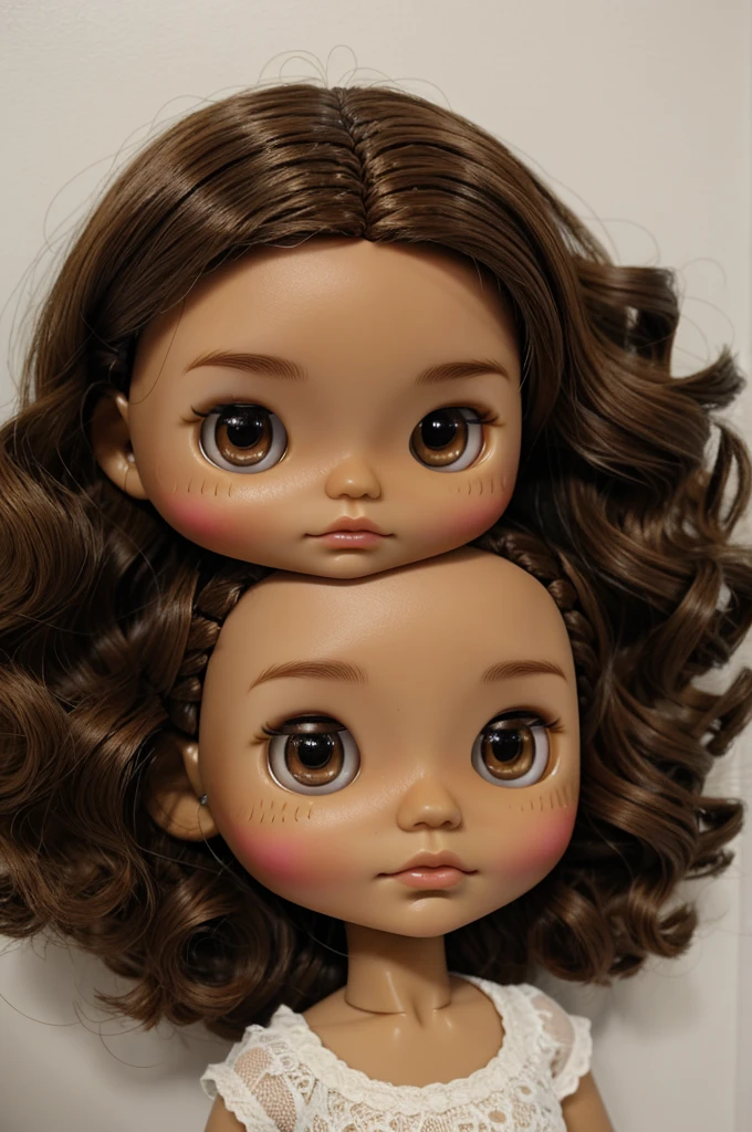 Blythe doll: short wavy brown hair, Brown eyes, wheat skin, median forehead, and a little long face 
