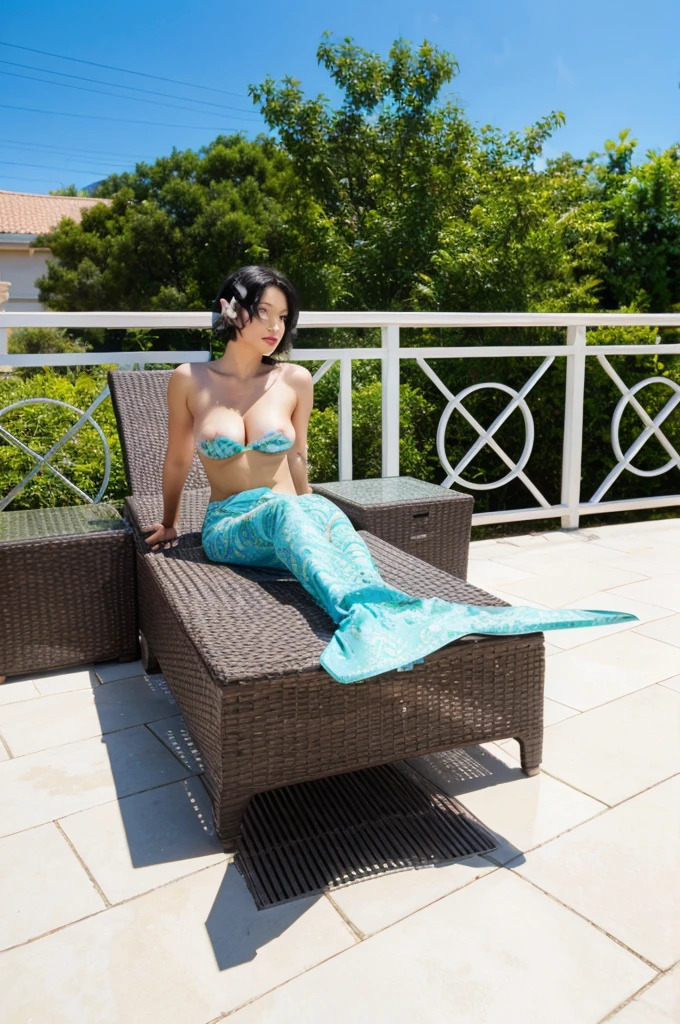 naked, very big breasts, short black hair