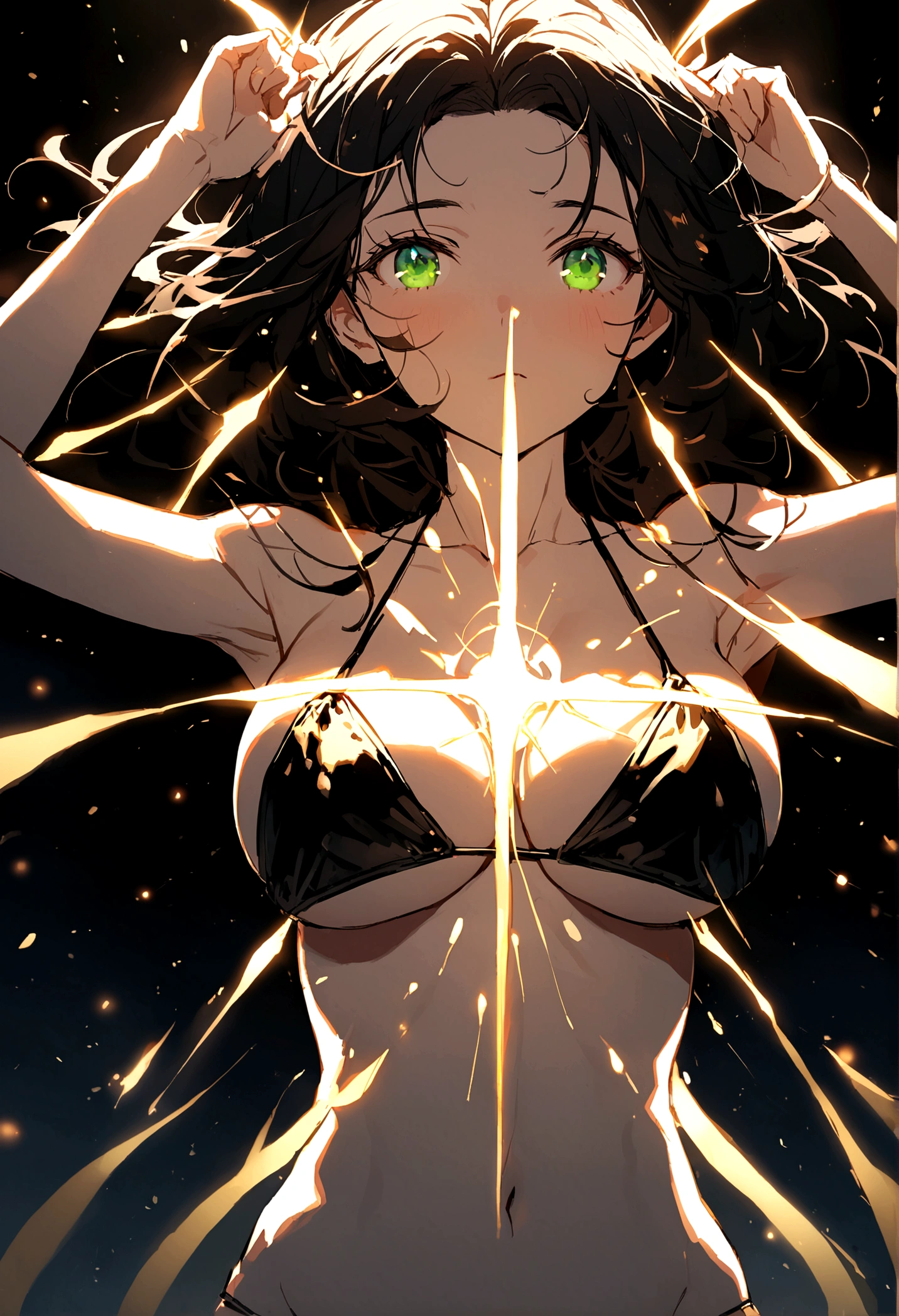 Black hair, green eyes, slender, large breasts, bikini
