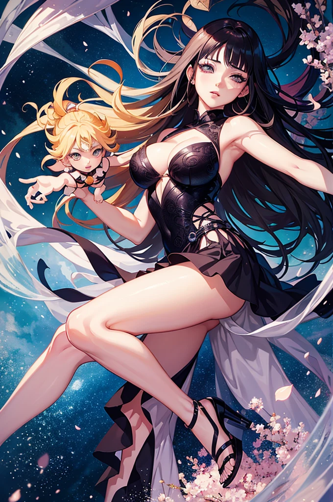 Naruto in dress and heels, Hinata wearing Naruto's clothes, extremely detailed face and eyes, beautiful detailed lips, long eyelashes, detailed clothing, photorealistic, 8k, hyper realistic, masterpiece, vibrant colors, dramatic lighting, fantasy, anime style