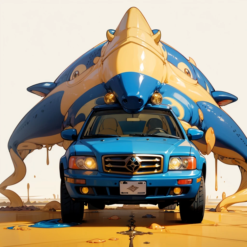 (Random Evolution, Colossal squid mixed Limousine cow), full body version, full blue and yellow colour skins, (gold eyes), (Grassroots oil), no background, Oil, slimy floor