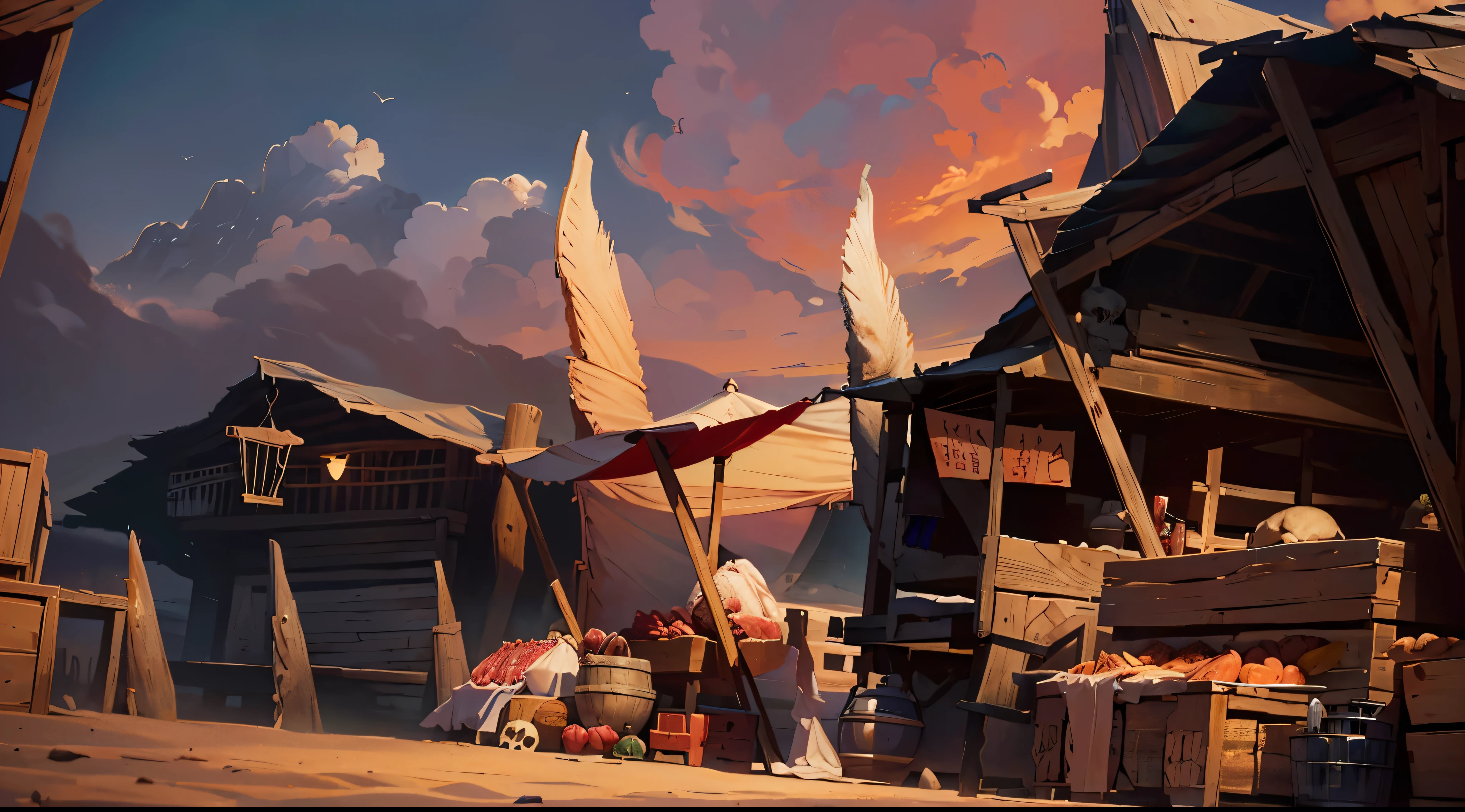traditional market, butchery, (they sell meats on the table and display case, skull), ((market stalls, market tents)), wooden stilt house, wooden boxes, wooden basket, wire, ((giant sharp rocks)), sand ground, (dawn time, daybreak sky, dark morning), low angle, AnatomicTech,