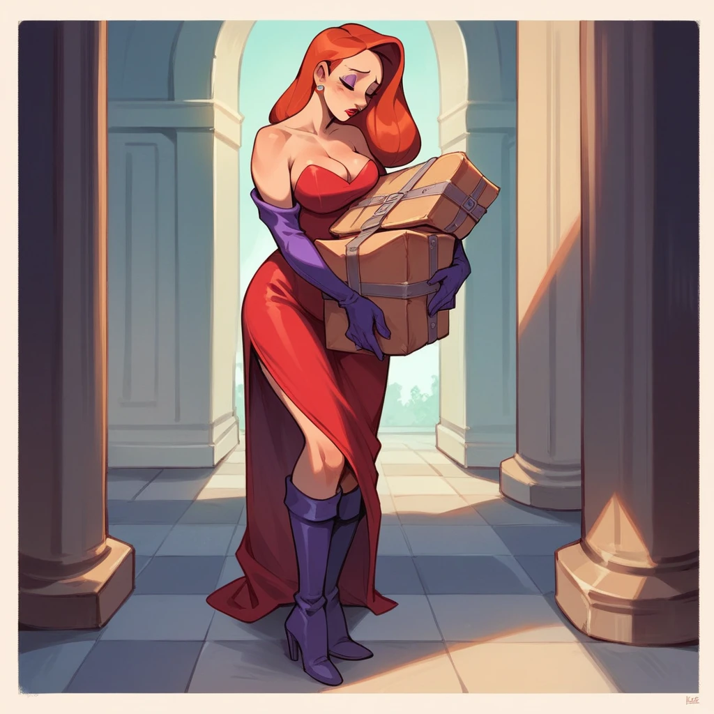 Jessica Rabbit is sad leaving a mansion. She carries some suitcases, She wears a red dress and long boots, she has big tits and a big ass, tomorrow
