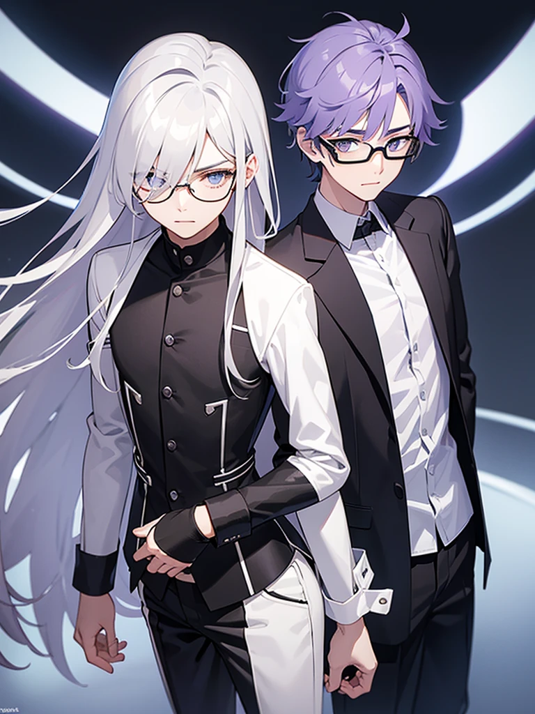 A slim 19-year-old boy with long lavender hair, silver-gray eyes and wears stylish black glasses. his skin is snow white and smooth.