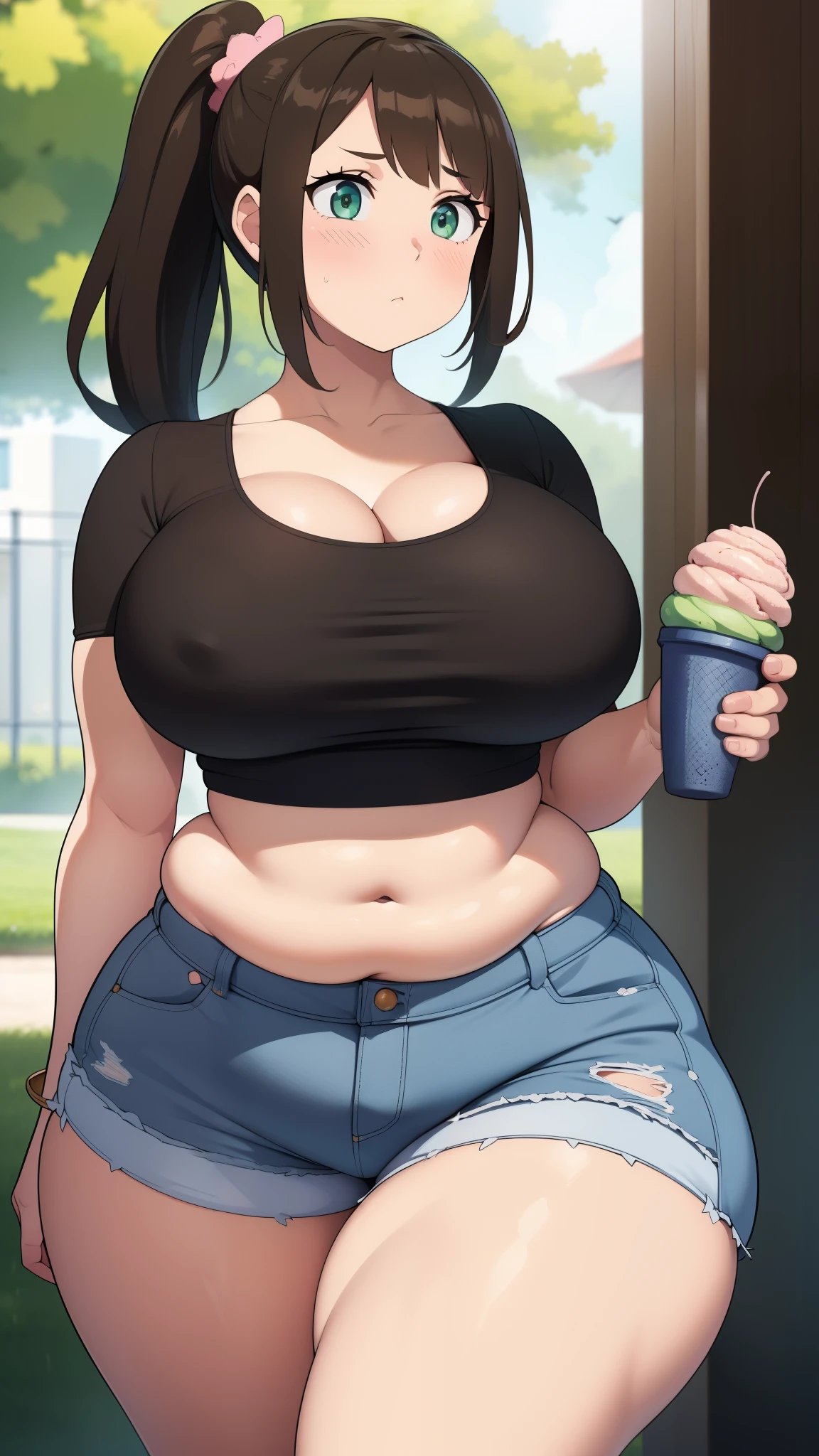 ((Masterpiece)), perfect anatomy, perfect shading, field of depth, (best quality), extremely delicate and beautiful, perfect lighting, detailed face, ultra cute face, cute, (1girl), (solo),
short fluffy brown hair, ponytail, green eyes, ((blush)), embarrassed, looking at viewer, crop top, shorts, , medium breasts,k thighs)), ((wide hips)), fat ass, chubby,
ricate background, detailed background, park, standing, holding ice cream,