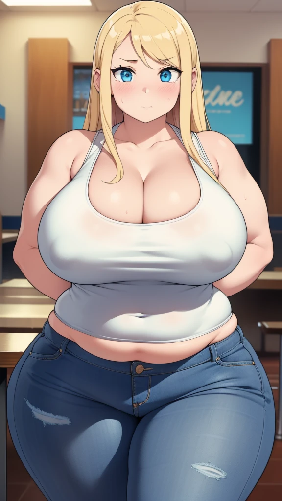 ((Masterpiece)), perfect anatomy, perfect shading, field of depth, (best quality), extremely delicate and beautiful, perfect lighting, detailed face, ultra cute face, cute, (1girl), (solo),
long fluffy blonde hair, blue eyes, ((blush)), nervous, looking at viewer, tank top, jeans, cleavage, large breasts, ((thick thighs)), (wide hips), fat ass, chubby,
intricate background, detailed background, fast food restaurant, standing, arms behind back,