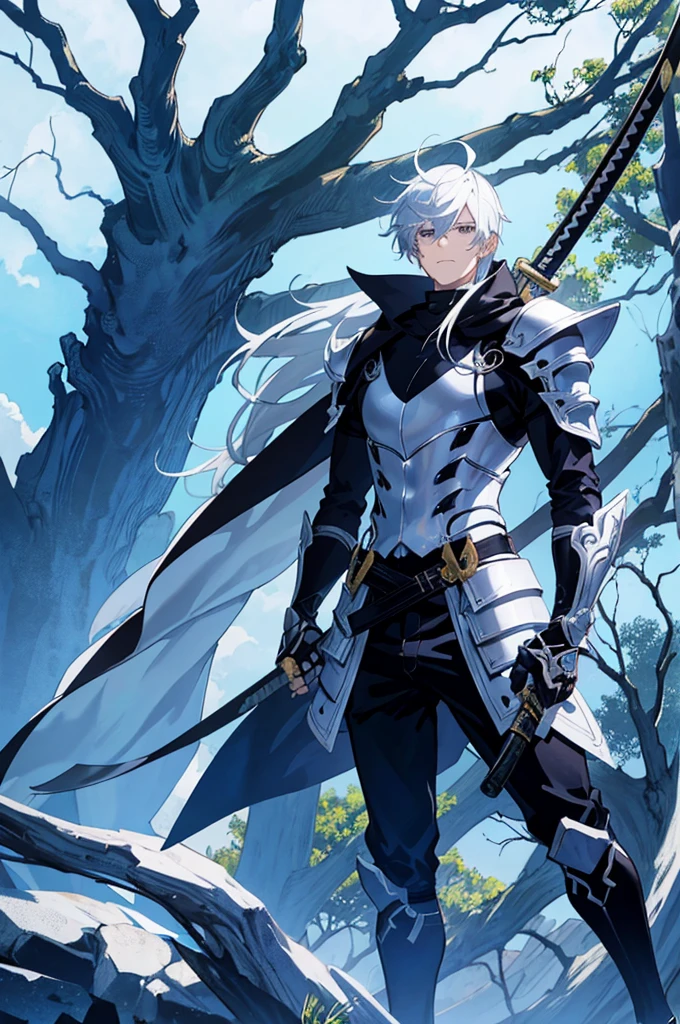 A 25 years old anime man with white hair, holding a Katana, Wearing a Blue and Black armor , Standing close to a tree
