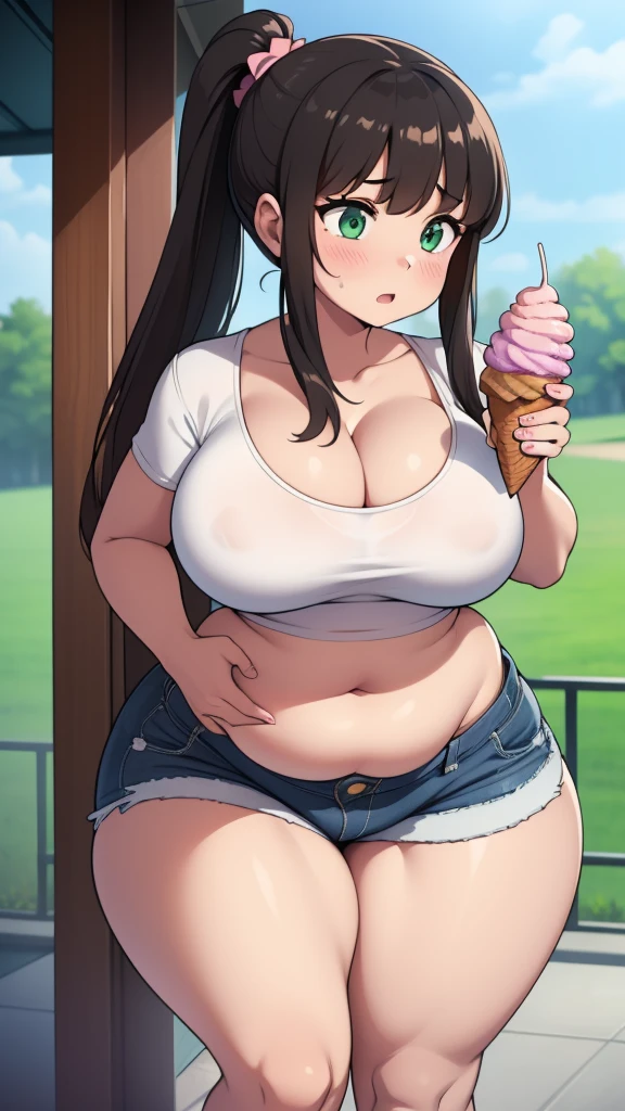 ((Masterpiece)), perfect anatomy, perfect shading, field of depth, (best quality), extremely delicate and beautiful, perfect lighting, detailed face, ultra cute face, cute, (1girl), (solo),
short fluffy brown hair, ponytail, green eyes, ((blush)), embarrassed, looking at viewer, crop top, shorts, cleavage, medium breasts, ((thick thighs)), ((wide hips)), fat ass, chubby,
intricate background, detailed background, park, standing, holding ice cream,