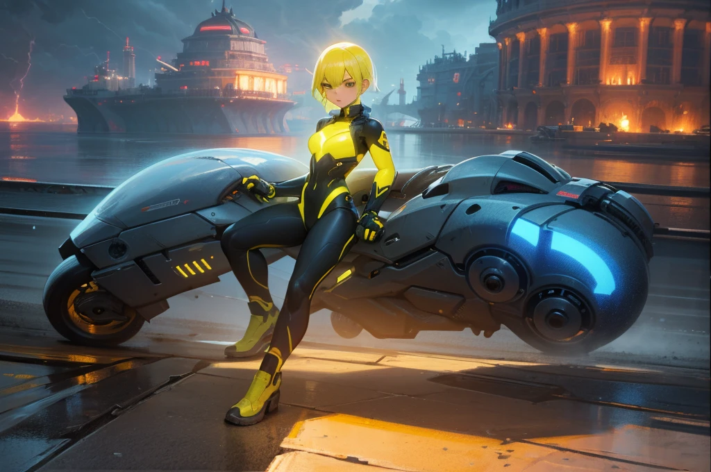 A beautiful young girl with yellow hair, a tight lightning-themed suit, and small breasts, wielding alien thunder weapons in a thunderstorm backdrop, (best quality,4k,8k,highres,masterpiece:1.2),ultra-detailed,(realistic,photorealistic,photo-realistic:1.37),extremely detailed eyes and face,beautiful detailed lips,longeyelashes,lightning effects,dynamic pose,dramatic lighting,vibrant colors,sci-fi,concept art