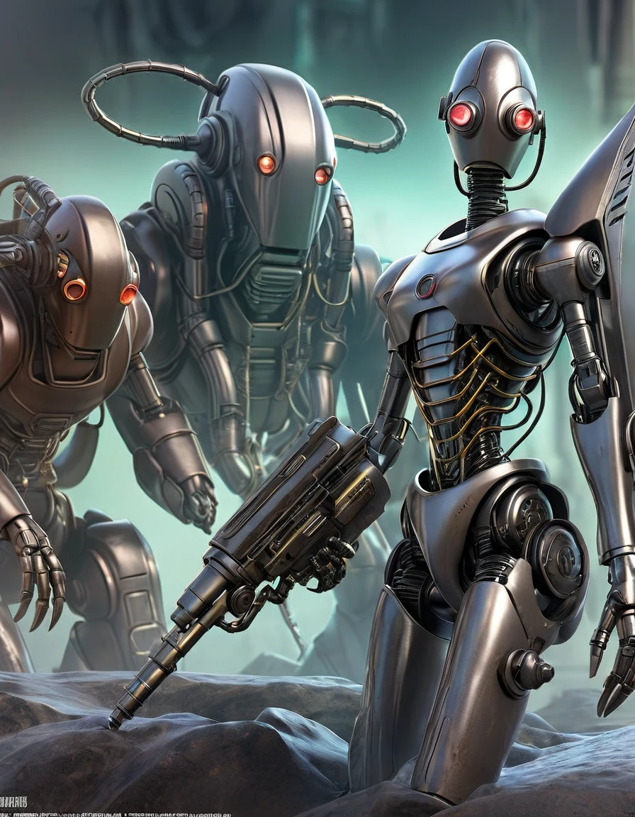 Cybernetic Revolutionaries, european male, magazine cover, poster art , Lovecraftian horror robot, bold huge text, matted design layout, strong, bold inking techniques, Metallic Silver and Gunmetal Gray: These colors are often used to represent the metallic components of cyborgs, giving them a sleek and futuristic appearance.