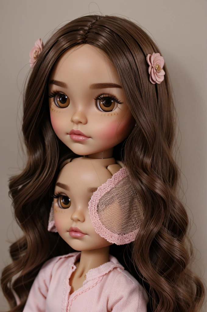 Blythe doll: wavy medium brown hair, Brown eyes, wheat skin, median forehead, with eyeliner makeup and blush on the nose, dark pink lips and arched eyebrows