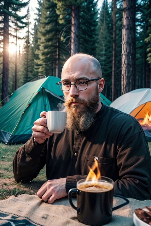 help me create an image of a bearded, bald white man with glasses standing next to the camping tent with a mug of coffee in his hand looking at the campfire in the middle of the forest 