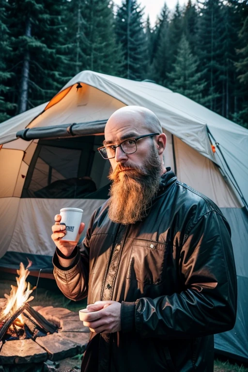 help me create an image of a bearded, bald white man with glasses standing next to the camping tent with a mug of coffee in his hand looking at the campfire in the middle of the forest