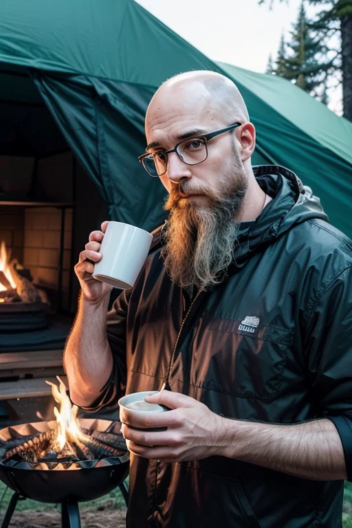 help me create an image of a bearded, bald white man with glasses standing next to the camping tent with a mug of coffee in his hand looking at the campfire in the middle of the forest 