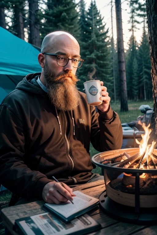 help me create an image of a bearded, bald white man with glasses standing next to the camping tent with a mug of coffee in his hand looking at the campfire in the middle of the forest