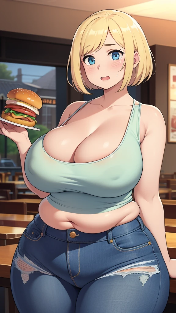 ((Masterpiece)), perfect anatomy, perfect shading, field of depth, (best quality), extremely delicate and beautiful, perfect lighting, detailed face, ultra cute face, cute, (1girl), (solo),

short fluffy blonde hair, blue eyes, ((blush)), nervous, looking at viewer, tank top, jeans, cleavage, large breasts, ((thick thighs)), (wide hips), fat ass, chubby, 

intricate background, detailed background, fast food restaurant, standing, 
