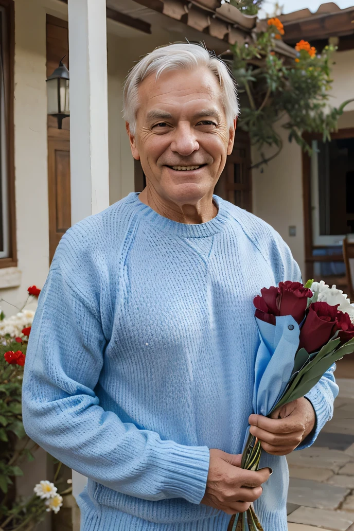 A white old men wearing a shirt with a blue sweater holding a bouquet of red flowers smiling to the camera, house background