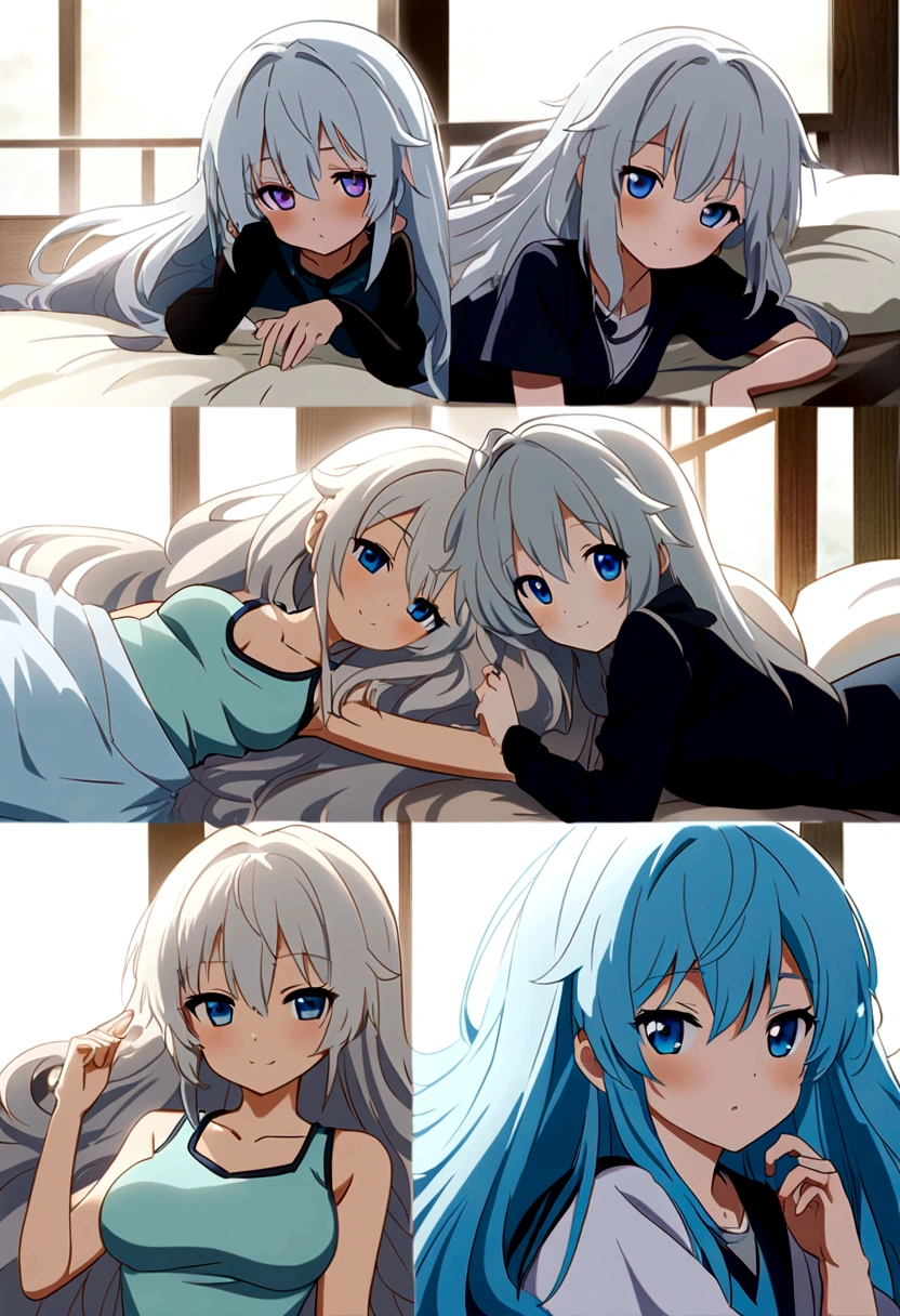 Anime girl lying in bed，blue eyes and long hair, an anime drawing of Shitao, Pisivo, conceptual art, seductive anime girls, Highest rated on Pisivo, soft anime cg art, relaxed poses, Pisivo 3DCG, Lie down on the bed, white haired god, popular on pixiv, on pixiv, Azure Lane Style