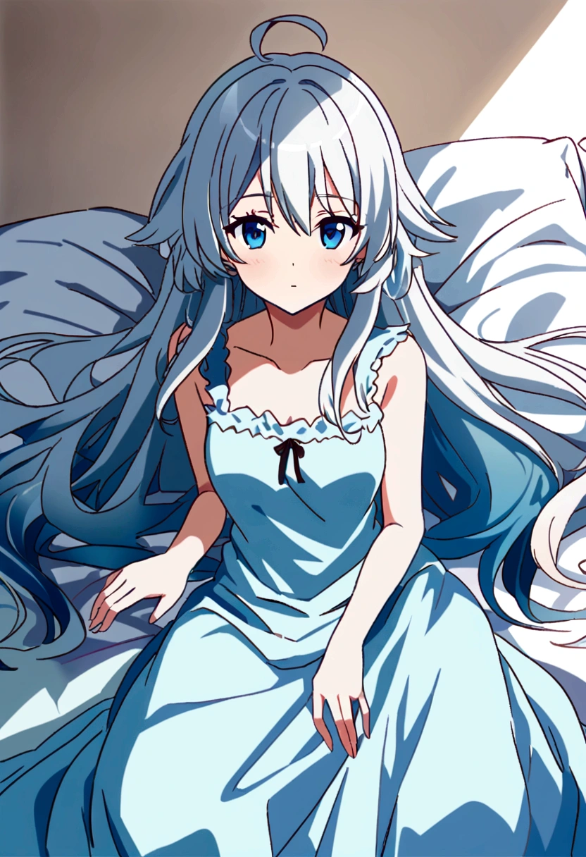 Anime girl lying in bed，blue eyes and long hair, an anime drawing of Shitao, Pisivo, conceptual art, seductive anime girls, Highest rated on Pisivo, soft anime cg art, relaxed poses, Pisivo 3DCG, Lie down on the bed, white haired god, popular on pixiv, on pixiv, Azure Lane Style