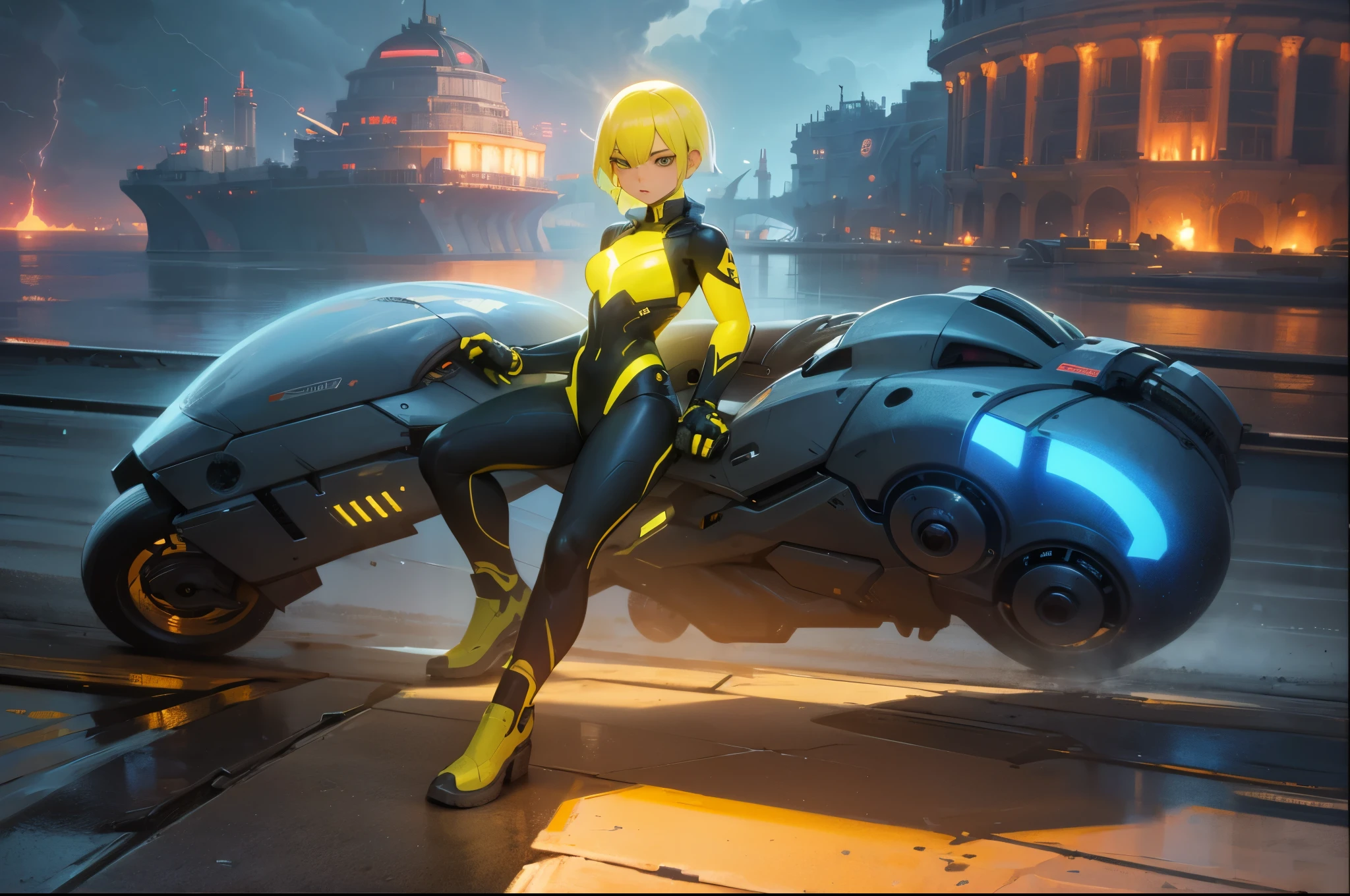 A beautiful young girl with yellow hair, a tight lightning-themed suit, and small breasts, wielding alien thunder weapons in a thunderstorm backdrop, (best quality,4k,8k,highres,masterpiece:1.2),ultra-detailed,(realistic,photorealistic,photo-realistic:1.37),extremely detailed eyes and face,beautiful detailed lips,longeyelashes,lightning effects,dynamic pose,dramatic lighting,vibrant colors,sci-fi,concept art