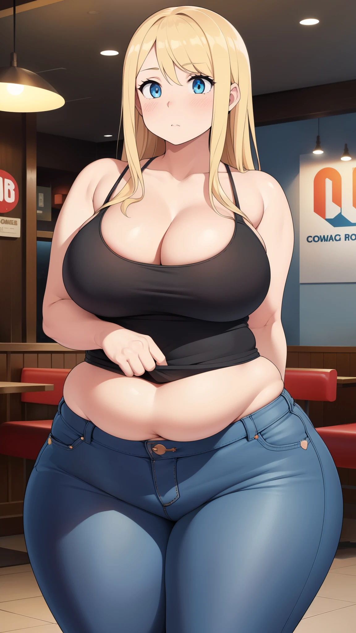 ((Masterpiece)), perfect anatomy, perfect shading, field of depth, (best quality), extremely delicate and beautiful, perfect lighting, detailed face, ultra cute face, cute, (1girl), (solo),

long fluffy blonde hair, blue eyes, ((blush)), nervous, looking at viewer, tank top, jeans, cleavage, large breasts, ((thick thighs)), (wide hips), fat ass, chubby, 

intricate background, detailed background, fast food restaurant, standing, arms behind back,
