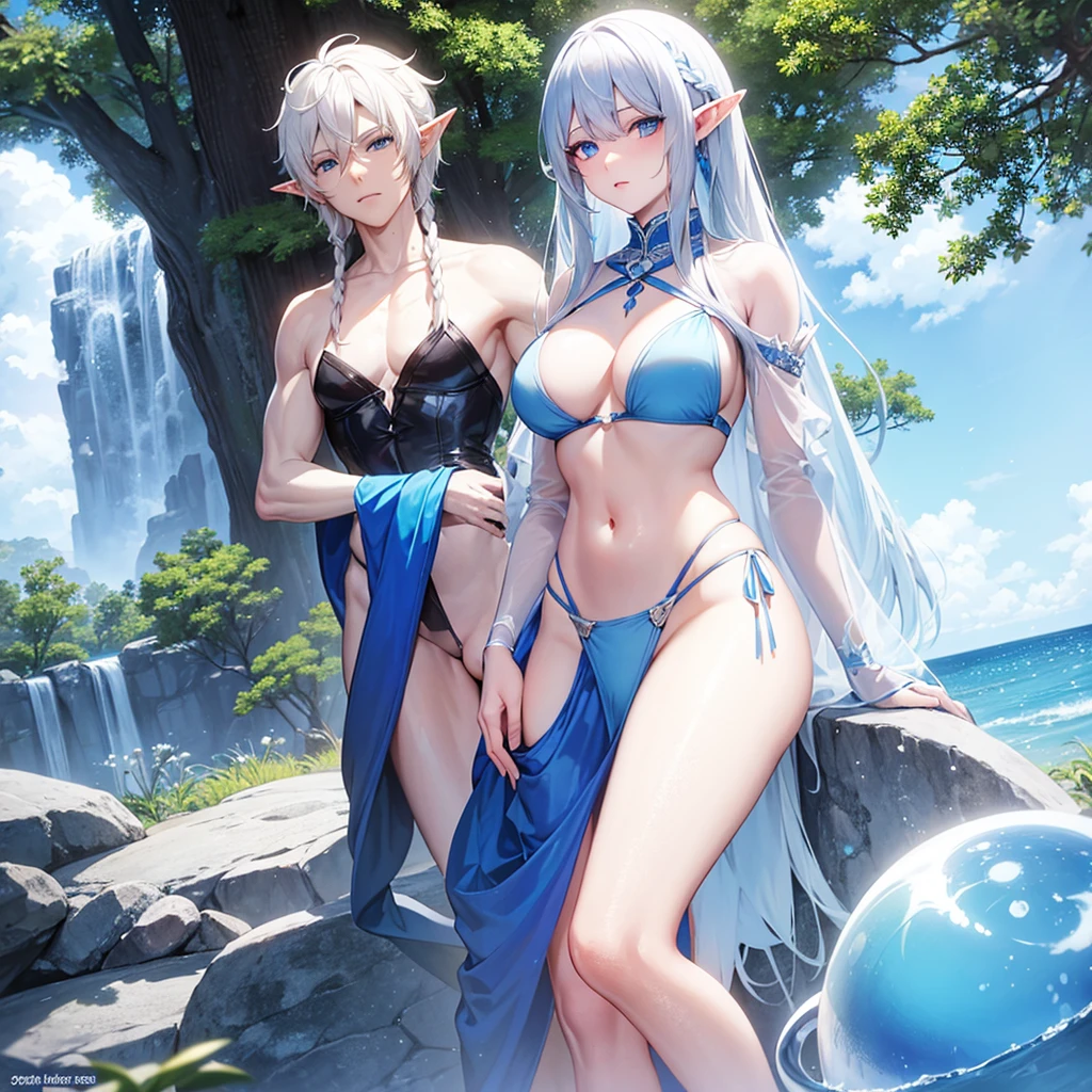 White haired elf with blue eyes blue skin in a blue bikini
